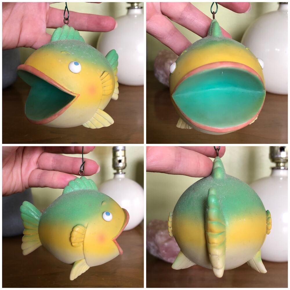 Vintage Fish Ornament Green Yellow‎ w/ Sparkles Hang or Shelf Display Whimsical
